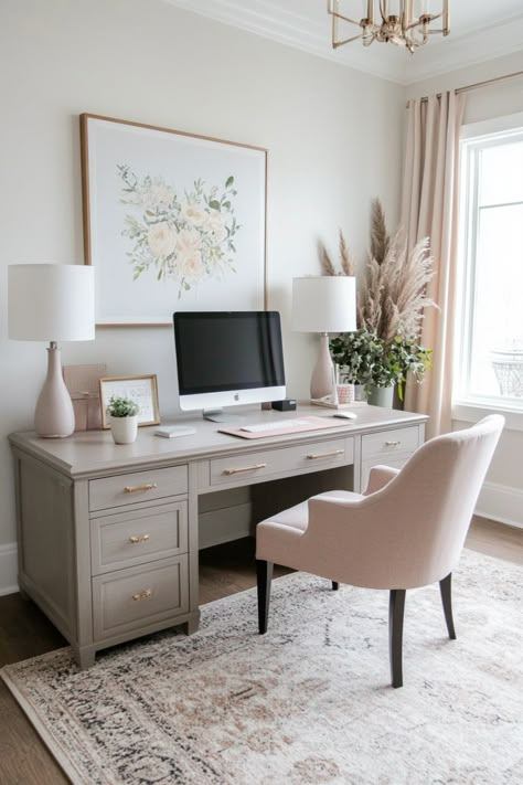 Read the guide on how to set up your home office desk to create a cozy space for studying or just to chill. Modular Desks Home Office, Bedroom Desk Area Ideas, Elegant Study Table, Home Office Uk Ideas, Sophisticated Desk Decor, Home Office Grey Desk, Office Front Room Ideas, She Office Ideas, Study Decor Aesthetic