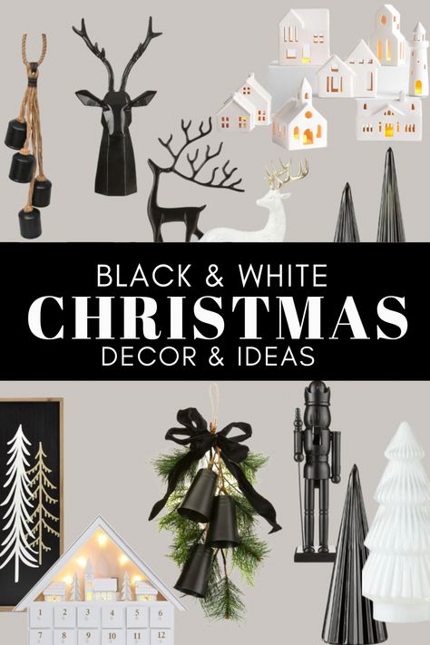 Black And White Rustic Christmas Tree, Gray And Black Christmas Tree, Black And White Modern Christmas Tree, Black White And Green Christmas Wrapping, Christmas Tablescapes Black And White, Black Pencil Christmas Tree Ideas, Black White And Wood Christmas Tree, Black And Champagne Christmas Decor, Black And White Minimalist Christmas Decor