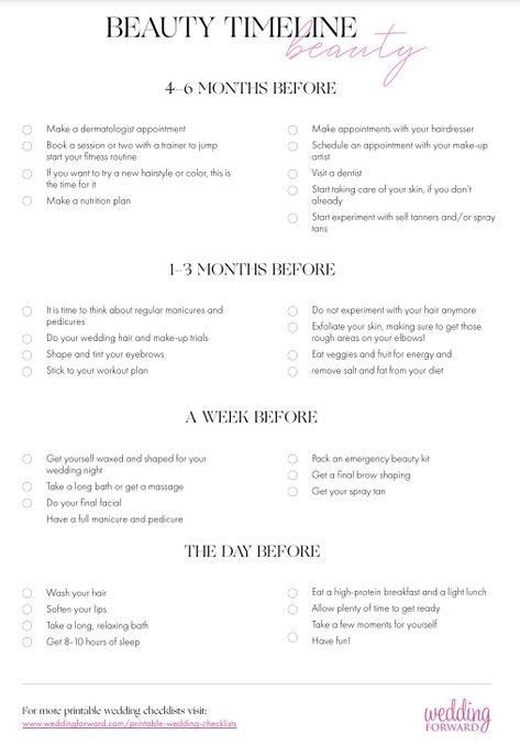 Wedding Wellness Plan, Wedding Day Beauty Prep, Bridal Wardrobe Checklist, Wedding Preparation Checklist Bridal Beauty, Wedding Health Plan, Wedding Week Beauty Prep, Beauty Wedding Prep, Week Of Wedding Checklist, Bride Beauty Checklist