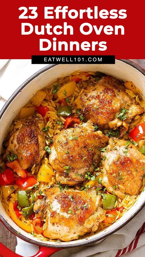 Dutch Oven Recipes: 23 of Our Best Dutch Oven Recipes for Dinner — Eatwell101 How To Use Dutch Oven, Easy Chicken Dutch Oven Recipes, Chicken In Le Creuset Dutch Oven Recipes, Cast Iron French Oven Recipes, Le Creseut Recipes, Meals In Dutch Oven One Pot, Chicken In A Dutch Oven Easy Recipes, Recipes In A Dutch Oven, French Dutch Oven Recipes