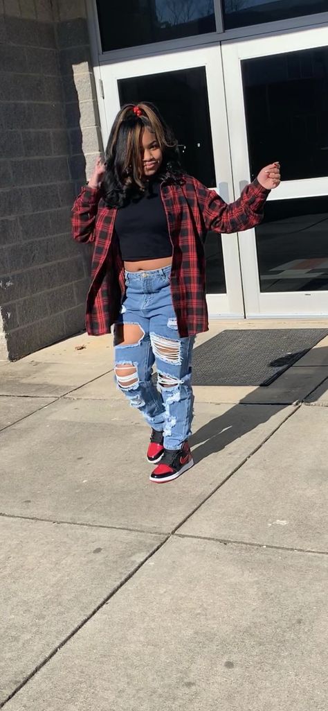 How To Wear Air Jordan 1 Fashion Styles, Simple Jordan 1 Outfits, Flannel And Jordans Outfit, Outfits With Red Jordans 1s, Outfits With Red And Black Jordans 1s, Jordan 1 Red Outfit Women, Patent Bred 1s Outfit Girl, Jordan Bred 11 Outfit Women, Cute Outfits With Jordan Ones