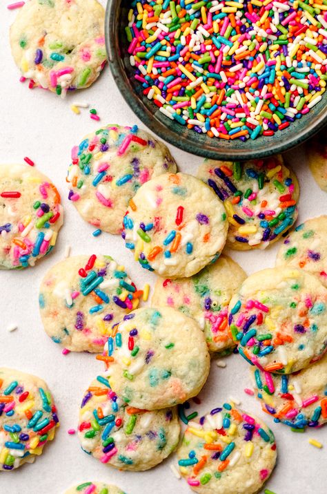 Soft and chewy drop sugar cookies filled with sprinkles. Keep them mini or make them standard size. Fill with your favorite holiday sprinkles! Mini Funfetti Cookies, Fall Cookies With Sprinkles, Mini Sugar Cookies, Fruity Pebble Cookies, Cookies With Sprinkles, Drop Sugar Cookies, Sugar Cookies With Sprinkles, Fruity Pebbles Cereal, Cabin Trip