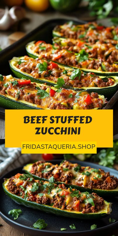 A collage pin featuring Savory Beef Stuffed Zucchini Boats, perfect for a healthy dinner option. Discover a delicious mix of flavors with these nutritious zucchini boats using ground beef and fresh ingredients. Enchilada Stuffed Zucchini Boats, Ground Beef Stuffed Zucchini Boats, Stuff Zucchini Recipes, Stuffed Zucchini Boats Beef, Zucchini And Ground Beef Recipes, Meat And Vegetable Dinners, Beef And Zucchini Recipes, Zucchini Boats Beef, Zucchini Boats Sausage