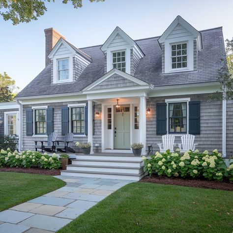 Cape Cod House Interior 💙💙🤍🤍 Cape Cod House Exterior Renovation, Front Porch Cape Cod House, Cap Cod House, Cape Cod Makeover Exterior, Cape Home Interior, Grey Cape Cod House Exterior, House Exterior Cape Cod, Cape Cod House Exterior Before And After, Farmhouse Cape Cod