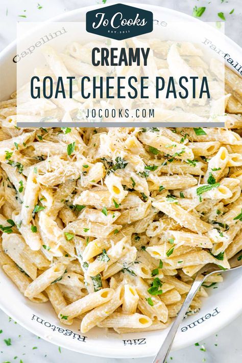 This Creamy Goat Cheese Pasta, made in one pot, will be ready to devour in less than 30 minutes! Creamy goat cheese, lemon and basil for lots of freshness. #goatcheese #pasta #recipe Spinach And Goat Cheese Pasta, Pesto And Goat Cheese Pasta, Easy Goat Cheese Pasta, Things To Make With Goat Cheese, Truffle Goat Cheese Recipe, Goat Cheese Pesto Pasta, Recipes For Goat Cheese, Raos Pasta Recipe, What To Make With Goat Cheese