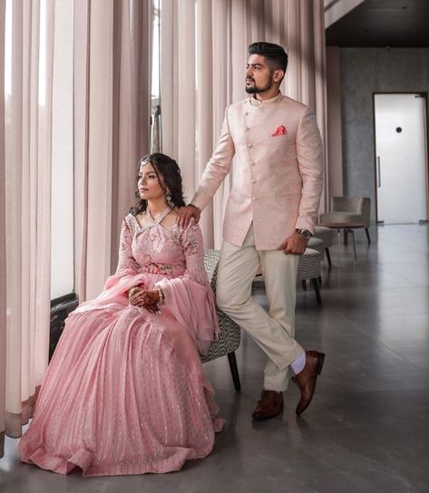 Jodhpuri Couple Dress, Engagement Look For Couple Indian, Reseption Dress For Girl, Reception Dress For Bridegroom, Jodhpuri Couple Photoshoot, Roka Outfits For Groom, Engagement Couples Outfit, Engagement Dress Indian Couple, Engagement Outfit For Couple Indian