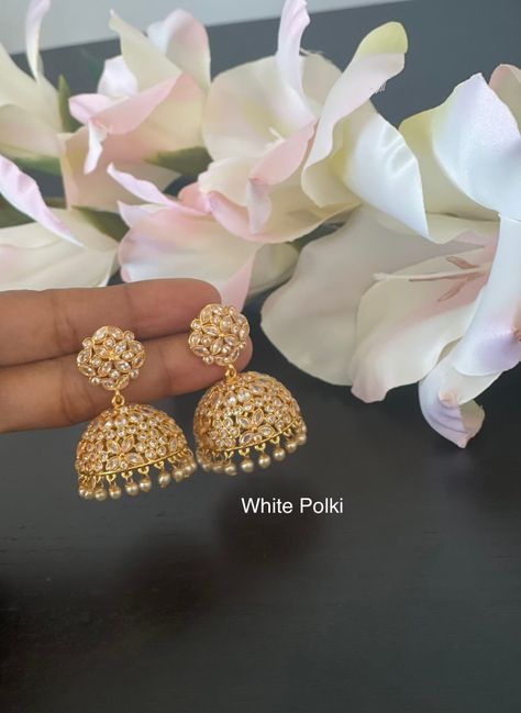 Polki Jhumkas, Pearl Jhumkas, Jumka Earrings, Butter Paper, Pakistani Jewellery, Desi Jewelry, Indian Jewellery Gold, Indian Wedding Jewelry Sets, Indian Suit