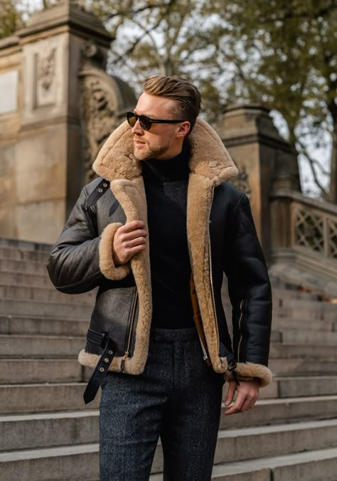 Shearling Jacket Men, Shearling Jacket Outfit Men, Shearling Jacket Outfit, Sheepskin Jacket Mens, Flying Jacket, Sheepskin Jacket, Sheepskin Coat, Black Aviators, Mens Winter Coat