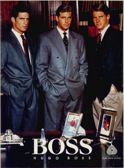 hugo boss power suits Vintage Hugo Boss Ads, Men In Suits Vintage, Hugo Boss 80s, 80s Power Suit Men, Hugo Boss Vintage, Boss Suits For Men, Mens Suit Inspiration, Vintage Men Suit, Power Suit Men