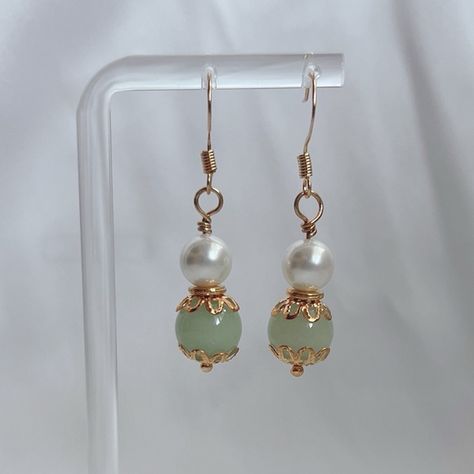 Pearl/Jade Earrings, 18k Gold Plated Pearl Jade Earrings, Handmade Jade Earrings, Elegant Jade Earrings For Wedding, Elegant White Jade Earrings, Gold Jade Wedding Earrings, Gold Hypoallergenic Jade Earrings, Hypoallergenic Gold Jade Earrings, Boho Earrings Diy, Southwest Interior Design