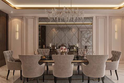 Neo Classic Dinning Room Design, Dinning Room Neo Classic, Dining Room New Classic, Dining Room Luxury Design, Fancy Dinning Room Elegant Dining, Luxury Dining Room Decor Classy, Dining Room Design Mirror, Dining Room Wall With Mirror, Modern Luxe Dining Room