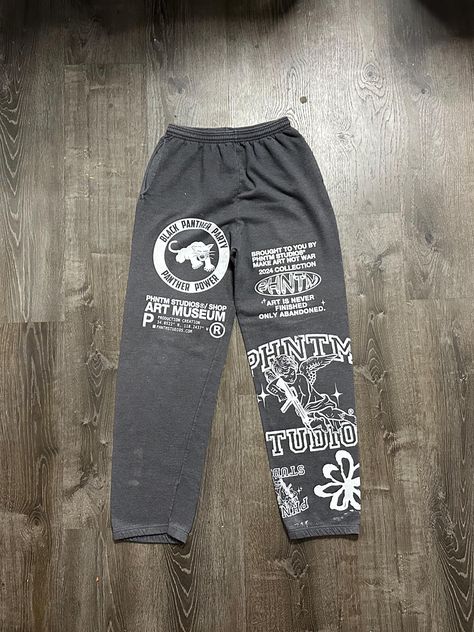 Sade Adu black panther party make art not war heavy metal Y2K hand painted custom made silk screen gray heavy weight sweatpants Custom Sweatpants, Champion Sweatpants, Vintage Champion, Silk Screen, Black Panther, Make Art, Mens Trousers, Heavy Weight, Panther