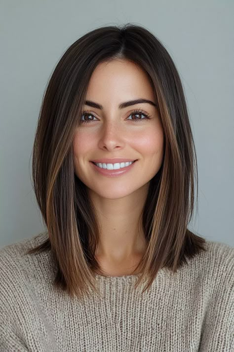 Bobs On Thick Hair, Haircut For Medium Length 2024, Long Haircut Straight Across, Long Bob One Length, Women Haircut Short Medium, Passed Shoulder Length Hair, Lob Haircut Side Part Straight, Textured Lob Haircut Mid Length Straight, New Haircut For Medium Hair