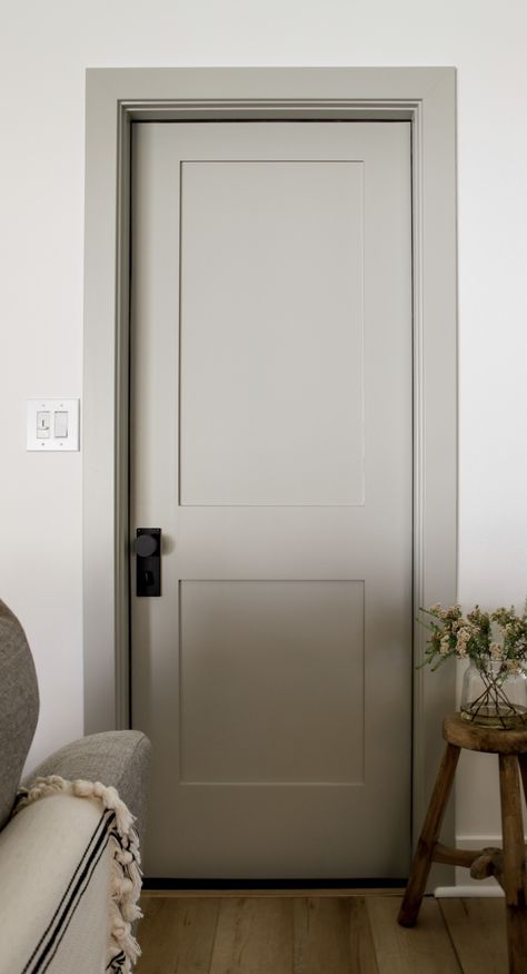 Indoor Doors Scandinavian, Rooms Doors Ideas, White Wall Door Color, Door Colors Interior Indoor, White Walls Different Color Doors, Apartment Doors Interior, Off White Interior Doors, Contrast Trim Stairs, Doors And Baseboards Paint Colors