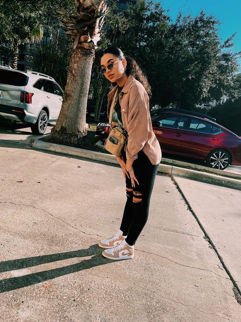 Pink Air Jordan 1 Outfit Women, How To Style Jordan 1 Mid Women, Tan Nike Shoes Outfit, Mid Air Jordan 1 Outfit Women, Jordan 1 Praline Outfit, Tan Shoe Outfits Women, Jordan 1 Dress Outfit Women, Tan Gum Jordans Outfit, Air Jordan 1 Outfit Women Fall