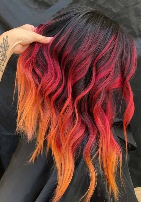 Fire Hair Color, Fire Ombre Hair, Unicorn Hair Dye, Black Hair Ombre, Cheveux Oranges, Unicorn Hair Color, Red Ombre Hair, Fire Hair, Ombre Hair Extensions