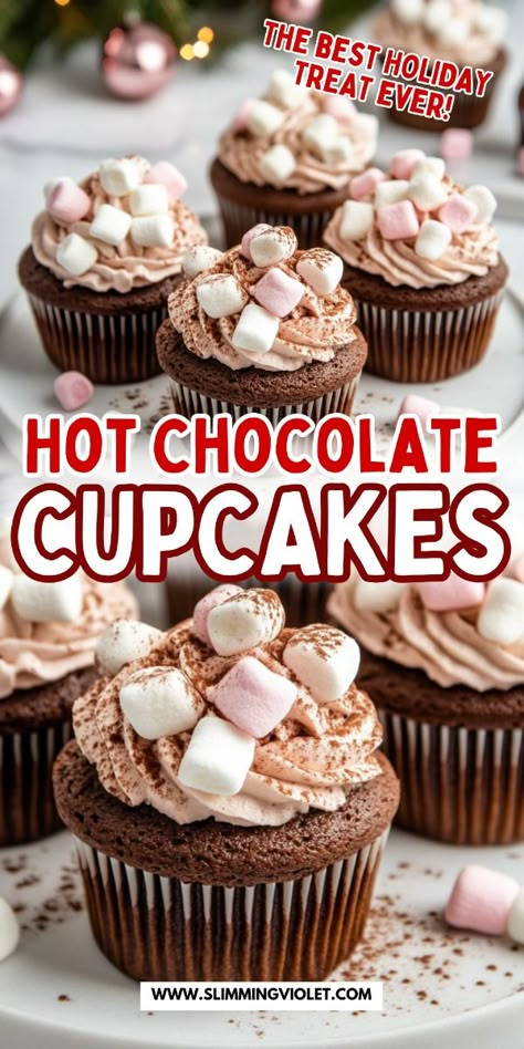 Treat yourself to hot chocolate cupcakes, a rich and decadent dessert that’s perfect for winter. These chocolatey cupcakes come topped with marshmallow frosting, delivering the comforting flavors of hot cocoa in every bite. They’re easy to make and guaranteed to be a crowd-pleaser at your holiday parties. Save this pin and check out the recipe for a cupcake that’s both festive and delicious! Things To Bake Cupcakes, Cupcakes Decoration Ideas Easy, Toppings For Cupcakes, Cupcake Recipes For Christmas, Crazy Cupcakes Ideas, Christmas Party Food Sweets, Jumbo Christmas Cupcakes, Cupcake For Christmas, Hot Cocoa Cupcakes With Marshmallow