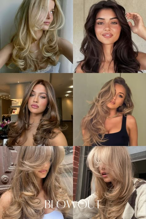 in my blowout era, brown hair, blonde hair, long hair, curls, hairstyle Perfect Blowout Haircut, Balayage Hair Blowout, Front Blowout Hair, 90s Model Blowout, Haircut For Bouncy Hair, Bombshell Brown Hair, 90s Blowout Dark Hair, Curled Hair Pinned Back, Hair Curls Medium Length