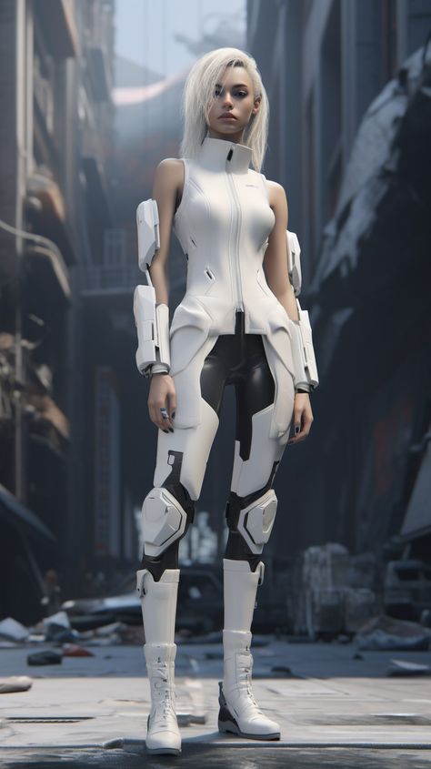 Anime Scifi Outfit, Cyberpunk Clothes Women, Cyberpunk Costume Design, Techwear Illustration, White Warrior Outfit, Robotic Outfit, Futuristic Cyberpunk Fashion, Sci Fi Outfits Female, Android Outfit