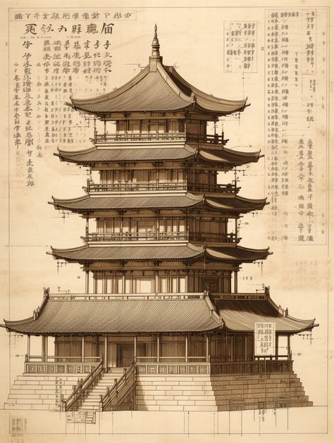 Japan Architecture Drawing, Asian Architecture Drawing, Chinese Architecture Drawing, Japanese Structure, Asian Buildings Architecture, Japanese Architecture Drawings, Japan Architecture Traditional, Fantasy Chinese Architecture, Chinese Pagoda