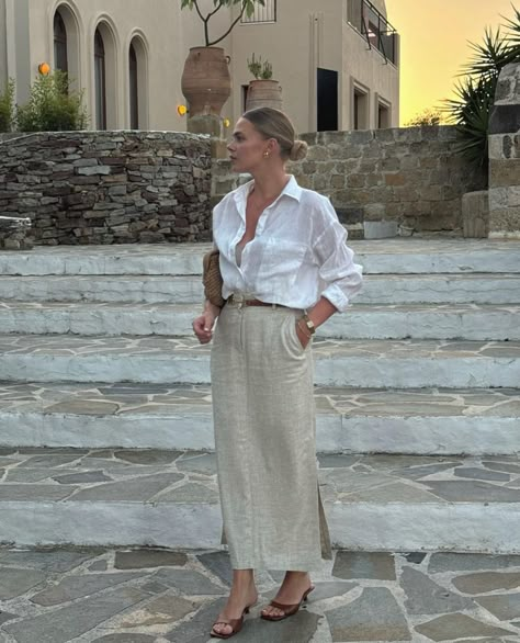 White Linen Shirt Outfit, Linen Skirt Outfit, Linen Shirt Outfit, Rome Outfits, Spring Fashions, Midi Skirt Outfit, Maxi Outfits, White Linen Shirt, Maxi Skirt Outfits