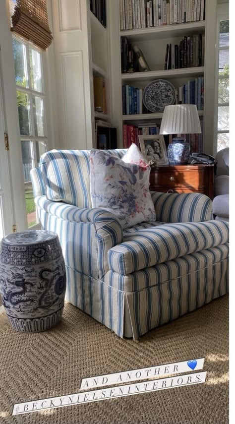 Coastal Cosy Living Room, Blue Wingback Chair Living Room, Preppy Basement, Maximalist Coastal Traditional, East Coast Interior Design, Grandmillennial Living Room, Living Room Ottoman Coffee Table, Coastal New England Home, Nancy Myers Homes