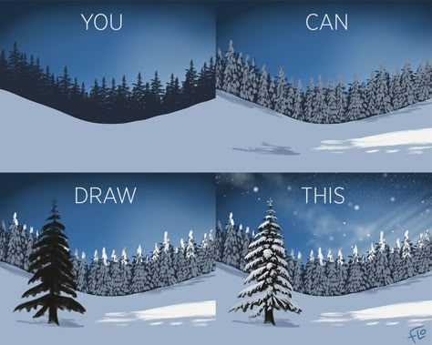 You Can Draw This Winter Landscape in Procreate following my easy to follow, fully narrated video tutorial. Snow Drawing Tutorial, Procreate Winter Drawing, Winter Landscape Drawing Easy, How To Draw Landscape Digital, Winter Art Reference, Snow Drawing Easy, Snow Drawing Winter, Digital Art Scenery, Procreate 101