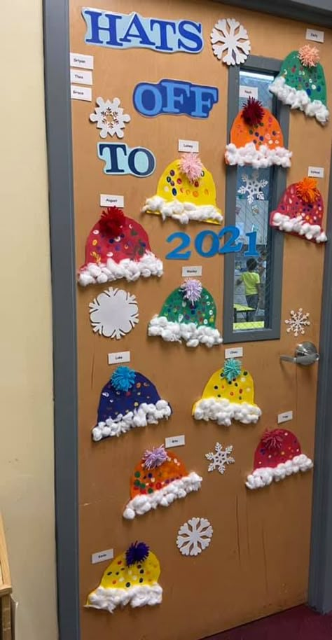 TeachersMag.com Infant Door Decorations Classroom Winter, Preschool December Door Ideas, Preschool Door Winter, January Themed Classroom Doors, January Decorations Classroom, December Preschool Door Ideas, New Years Preschool Door Ideas, Winter Theme Doors For Preschool, January Prek Bulletin Boards