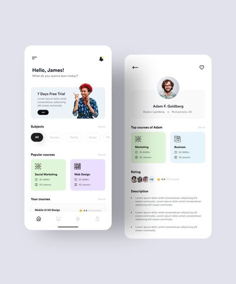 Ux Design Inspiration Mobile, See More Ui, School App Design, Education App Ui Design, User Profile Ui Design, Learning App Ui Design, Education App Design, App Design Profile, App Design Ideas