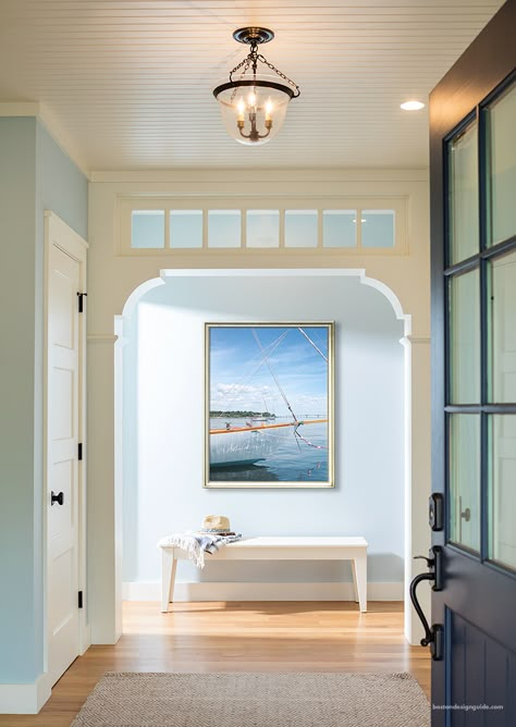 DiMauro Architects Doorway With Transom, Windows Inside The House, Transom Window Interior, Farmhouse Transom Windows, Adding Transom Windows Interior, Interior Doors With Transom Windows, Victorian Transom Windows, Cottage Foyer Entryway, Archway Doors Interior