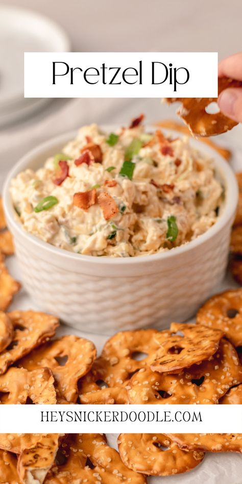 With bacon, cheddar cheese, and cream cheese mixed in, this Pretzel Dip recipe is a perfect one to make for an appetizer to share with a crowd and I bet there won't be any leftovers! Best Cold Dip Recipes, Vegan Dips And Appetizers, Tailgate Food Ideas Cold, Dip For Pretzels Easy, Party Snacks For A Crowd, Boat Dip Recipe, Potluck Food Ideas, Dip For Pretzels, Pretzel Dip Recipes