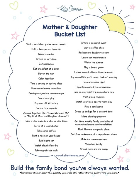 I vote yes for quality mother daughter time, so the ideas for this Mother-Daughter Bucket List are fabulous mother daughter date ideas for special bonding. Develop a signature cookie recipe, learn car maintenance, and explore unforgettable family activities for any budget. Create meaningful family memories. Click for seasonal bucket list ideas, and enhance your mom and me bond with these timeless mother-daughter date ideas. Mommy And Me Dates Daughters, Mom And Daughter Hang Out Ideas, Mom And Daughter Bucket List, Mother Daughter Bucket List Ideas, Mother Daughter Date Ideas Adults, Mommy And Daughter Activities, Things To Do With Your Mom Daughters, Daughter Dates With Mom, Bond With Daughter