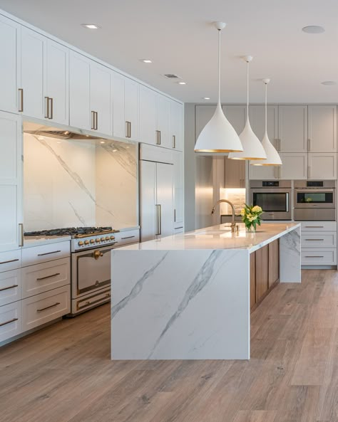 Marble Kitchen Island With Seating, Shaker Kitchen With Waterfall Island, Marble Wood Kitchen Island, Island Marble Kitchen, Island Kitchen Waterfall, Kitchen Island Quartz Counter Tops Waterfall, Modern Kitchen Waterfall Island, Kitchen Design Waterfall Island, Kitchens With Waterfall Islands