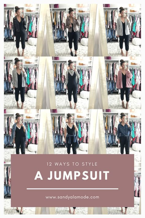 Need some inspo on how to style the Wild Fable for Target black jumpsuit? Fashion blogger Sandy a la Mode shows you 12 ways to style it, casual to dressy! Black Jumpsuit Outfit Casual, Black Jumper Outfit, How To Style Jumpsuit, Styling Jumpsuits, Casual Black Jumpsuit, Black Romper Outfit, Jumpsuit Styling, How To Wear A Jumpsuit, Black Jumpsuit Outfit