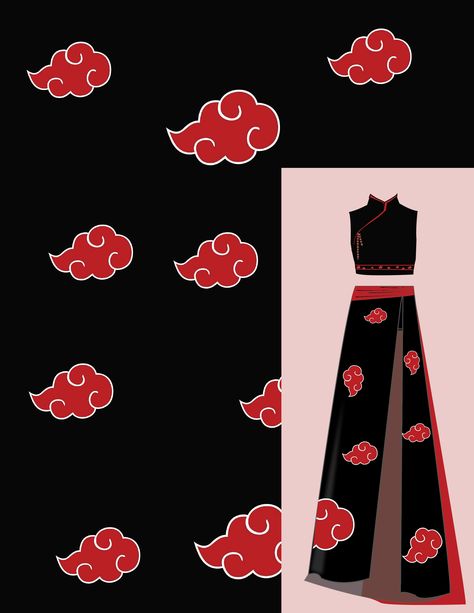 this is a dress inspired by Akatsuki in naruto Akatsuki Cloak Pattern, Akatsuki Wedding, Akatsuki Dress, Akatsuki Outfit, Akatsuki Cloak, Cloak Pattern, Gacha Life, A Dress, Fashion Illustration