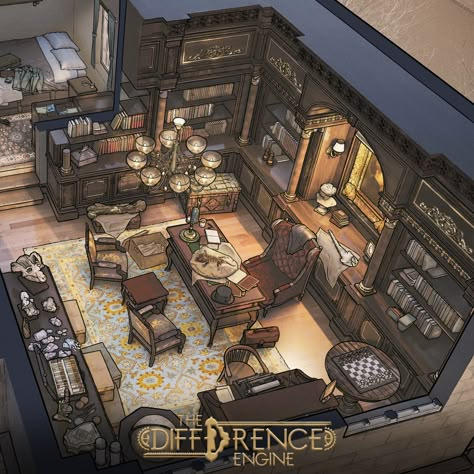 House Concept Art Interior, Fantasy House Concept Art, Fantasy House Concept, Difference Engine, House Concept Art, Steampunk Office, Fancy Apartment, Steampunk Interior, Interior Concept Art