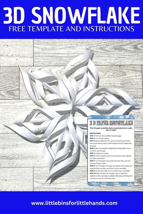 3D Paper Snowflakes: Printable Template - Little Bins for Little Hands 3d Snowflake Template Printable Free, Making Snow Flakes, Easy Snowflake Cutouts For Kids, 3d Paper Snowflakes Templates, Frozen Printables Free Templates, 3d Snowflakes How To Make, 3d Snowflake Template, School Winter Crafts, Diy Paper Snowflakes Pattern