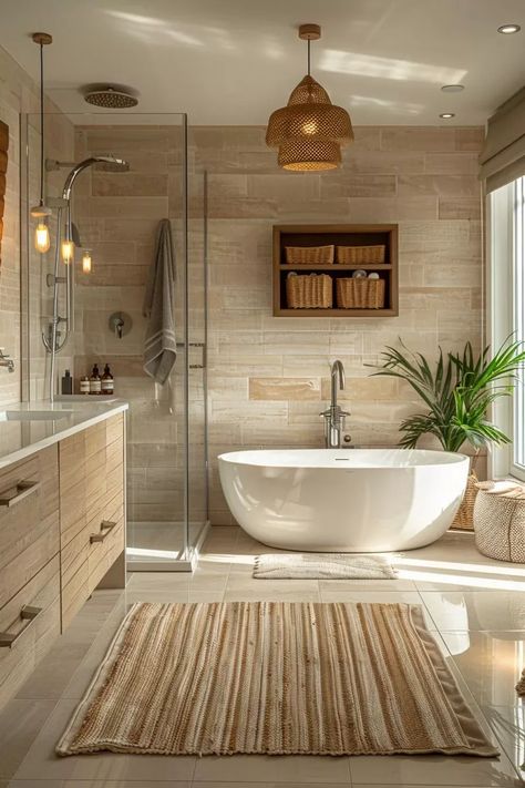 Bathroom Ideas Nordic Style, Bali Bathroom Interior Design, Bathroom Inspo Interior Design, Trendy Bathroom Tiles, Finished Attic, Surfboard Decor, Zen Bathroom, Interior Design Per La Casa, Eclectic Living Room