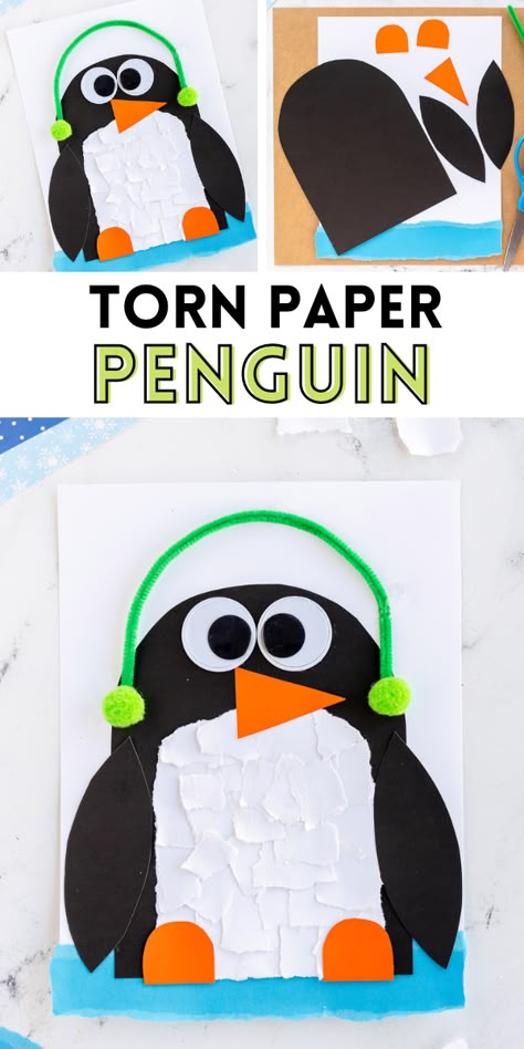 This Torn Paper Penguin craft is fun for kids of all ages! It's the perfect paper craft on a chilly winter day. Penguin Arts And Crafts For Preschool, Crafts To Make With Construction Paper, Penguin Crafts For Kindergarten, Winter Craft For 3rd Grade, Pattern Craft Kindergarten, Polar Art For Kids, Penguin Christmas Crafts For Kids, Construction Paper Penguin, January School Crafts