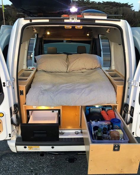 Perfect for a van life adventure travel. #vanlife. There are cheap build ideas for a tiny space. Storage hacks. Love the tiny kitchen and bathroom. Amazing Ford Transit Connect camper van conversion! Love the layout of this small, compact DIY campervan. Vanlife Small Van, Tiny Van Conversion Ideas Layout, Van Life Cheap, Small Van Build Layout, Van Build Storage, Camper Van Storage Ideas Small Spaces, Cheap Camper Van Conversion, Small Van Camper Conversion, Camper Van Build Ideas