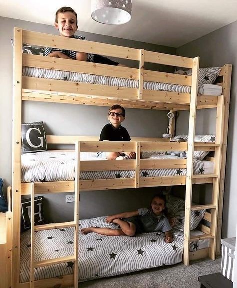 Tiny Bedroom With Bunk Beds, Bunk Beds In Tiny Room, Triple Bunk Beds For Small Room, Small Room 3 Beds Ideas, Triple Bunk Bedroom Ideas, Triple Bunk Bed Small Room, Tri Bunk Beds Small Rooms, Three Beds Small Room, 3 Beds In A Room