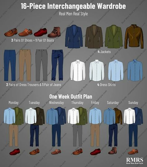 Antonio Centeno (RMRS) on Instagram: “256 outfits from just 16 pieces of clothing. A new outfit every day for 8 months? It is possible IF you focus on interchangeabilityin your…” Business Casual Men Work, Capsule Wardrobe Men, Interchangeable Wardrobe, Business Casual Attire For Men, Mens Work Outfits, Mens Business Casual Outfits, Smart Casual Work Outfit, Mens Office, Smart Casual Men