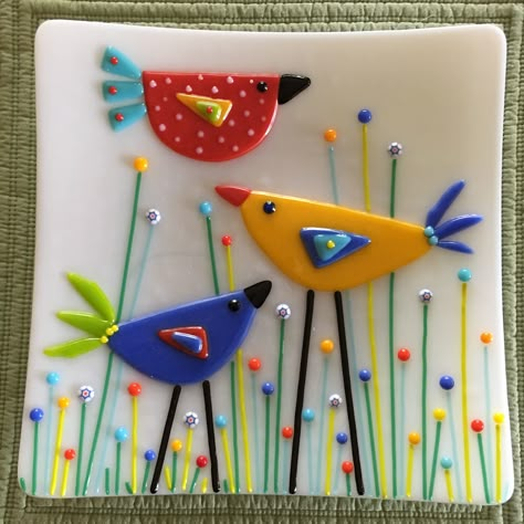 Birds in the Garden Plate by Kim Natwig.  9" square and soft fused. Bird Template, Fused Glass Panel, Fused Glass Dishes, Fused Glass Wall Art, Fused Glass Bowl, Fused Glass Plates, Glass Fusion Ideas, Fused Glass Artwork, Glass Fusing Projects