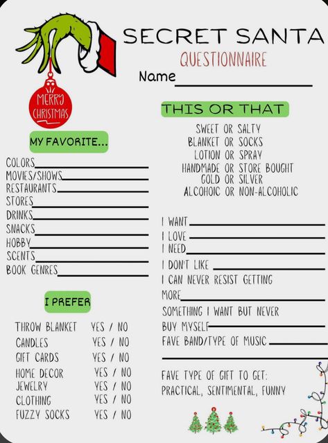 Secret Santa Questionnaire Free, Secret Santa Questionnaire For Family, Christmas Questionnaire, Secret Santa Questions, Secret Santa Game, December Preschool, Santa Questionnaire, Snowflake Making, Secret Santa Questionnaire