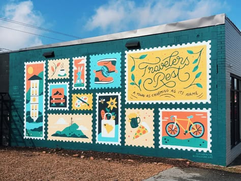 Travel Mural, Boots Illustration, Exterior Murals, Food Bike, Bike Boots, Mural Art Design, Office Mural, Travelers Rest, Mural Inspiration