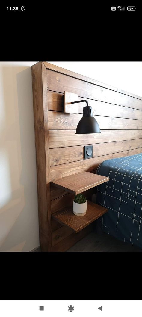 Shiplap Headboard Wall With Floating Nightstand Shelves, Floating Headboard And Nightstand, Homemade Headboards With Shelves, Headboard For Floating Bed, Wall Headboard Ideas Diy Wood, Diy Double Headboard, Built In Headboard Wall Wood, Diy Headboard With Lights And Shelf, King Headboard With Shelves