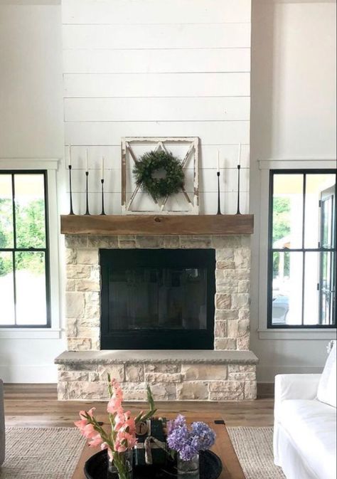 Shiplap Above Stone Fireplace, Fireplace With Vaulted Ceiling Ideas, Stone And Shiplap Fireplace With Tv, Half Stone Fireplace, Stone And Wood Fireplace, Austin Stone Fireplace, Fireplace With Hearth, Fireplace Hearth Stone, Den Fireplace