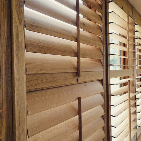 Solid Oak Shutters Natural finish Japanese Shutters, Oak Shutters, Louvered Windows, Wooden Shutter Blinds, Cabin Window Treatments, Shutters Inside, Wooden Window Shutters, Louvre Doors, Oak Windows