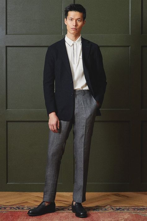 Gray Blazer Outfit Mens, Penny Loafers Outfit, Grey Blazer Outfit, Black Loafers Outfit, Grey Jeans Outfit, Loafers Men Outfit, Grey Pants Outfit, Unstructured Blazer, Knitted Polo Shirt