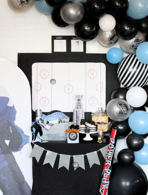 hockey birthday party dessert table Hockey Birthday Party Ideas, Hockey Party Decorations, Hockey Birthday Party, Birthday Party Dessert Table, Ball Hockey, Hockey Birthday Parties, Hockey Party, Hockey Birthday, Surprise Baby Shower